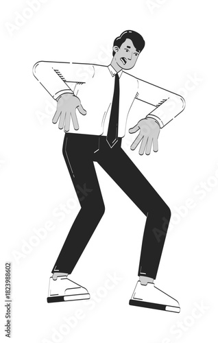 Nervous indian businessman in awkward pose doodle linear character. South asian man with tense uneasy expression 2D vector outline person isolated. Hand drawn drawing illustration monochrome