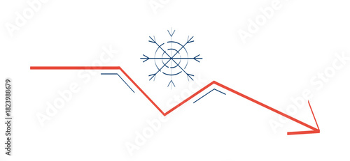 Snowflake with downward trend 2D doodle object. Snow flake symbol above declining arrow. Winter downturn cartoon element flat vector clipart isolated on white background. Hand drawn illustration
