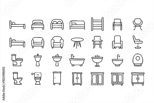 Line art beds, sofas and chairs for living and bedroom layout graphics