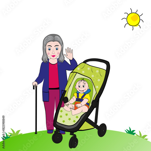 Abuela y nieto en cochecito.