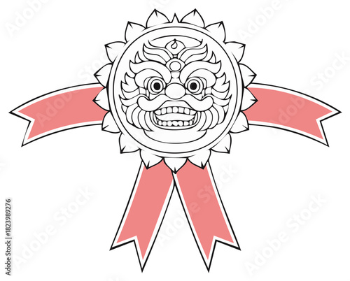 Traditional Asian mythological face award badge with decorative pink ribbon design
