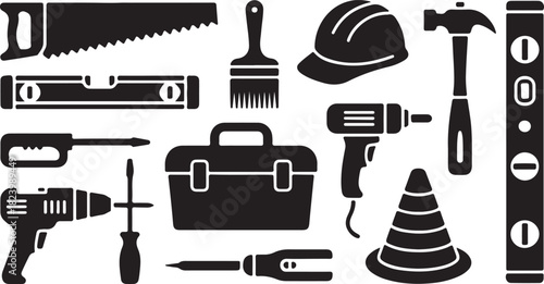 Assortment of Construction and Repair Tools Silhouettes on White Background Keywords: construction, tools, repair, hammer, saw, drill, screwdriver, toolbox, hard hat
