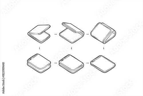 Foldable smartphone transformation stages in isometric design