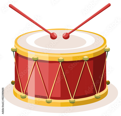 Vibrant red drum with golden accents and drumsticks, percussive instrument graphic design