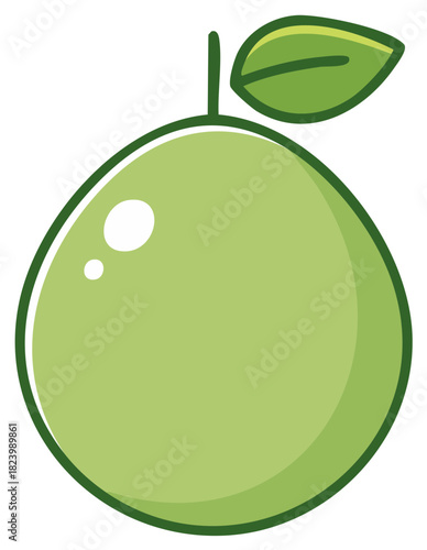 Cartoon illustration of a green fruit with a leaf