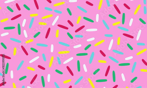 Seamless rainbow sprinkles pattern on a pink strawberry cream background. Ideal for fun, sweet, and vibrant design themes such as packaging, branding, or digital backgrounds.
