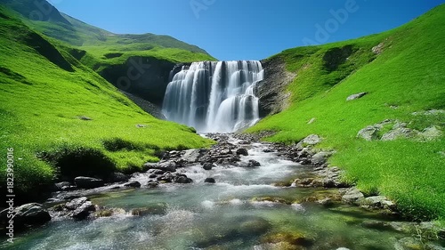 Majestic waterfall cascading into a crystal-clear mountain stream