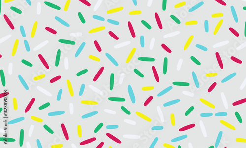 Seamless rainbow sprinkles pattern on a pink strawberry cream background. Ideal for fun, sweet, and vibrant design themes such as packaging, branding, or digital backgrounds.