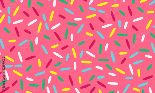 Sweet Sprinkles Seamless Pattern. Pink Strawberry Candy Background with Colorful Sprinkles. Colorful Sprinkles Seamless Pattern on Pink. Ideal for wrapping paper, bakery branding, and candy packaging