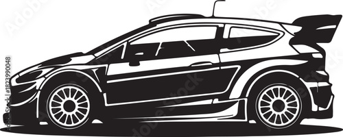 Black Silhouette of a Rally Racing Car with Spoiler on White Background automobile vehicle
