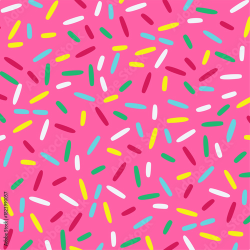 Seamless rainbow sprinkles pattern on a pink strawberry cream background. Ideal for fun, sweet, and vibrant design themes such as packaging, branding, or digital backgrounds.