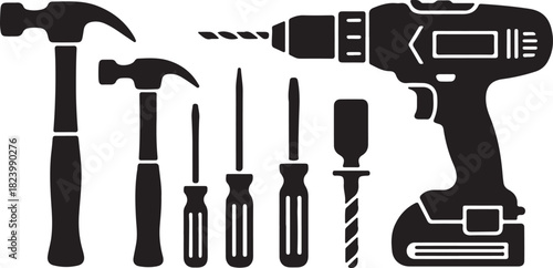 Collection of Black Silhouette Hand Tools and Power Drill Keywords: tools, tool, hammer, claw hammer, sledgehammer, screwdriver, chisel, drill, power drill, electric
