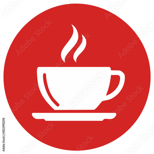 Coffee cup steaming graphic on red circle background for cafes or takeout