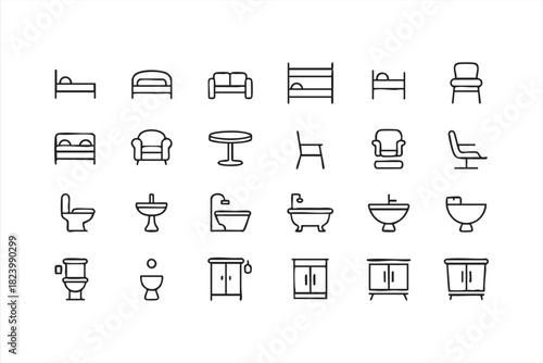 Clean minimalist home seating and bath icons for space planning
