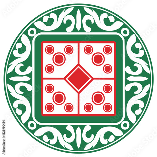 Stylized Ornamental Roundel with Geometric Details in White, Red, and Green