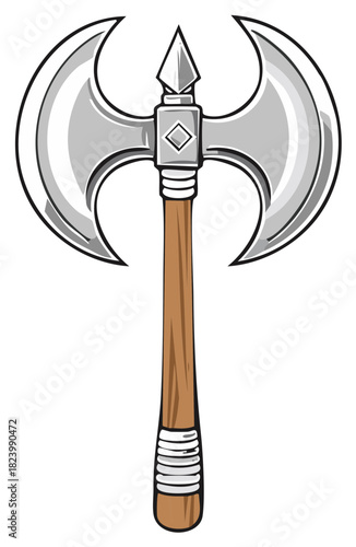 Double Bladed Cartoon Axe with Wooden Handle, Metal Sharp Edges for Fantasy Weaponry or Historical Melee Combat Scenarios