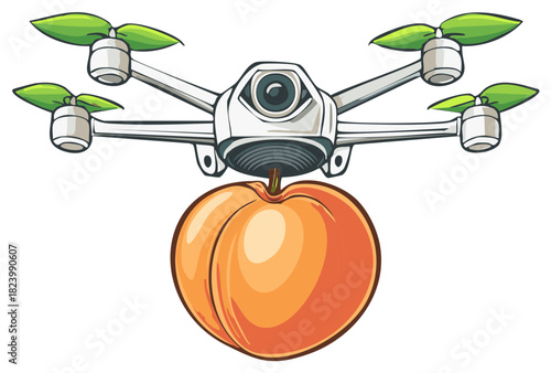 Quadcopter flying delivering a ripe peach fruit illustration concept drone aerial transport for organic food products