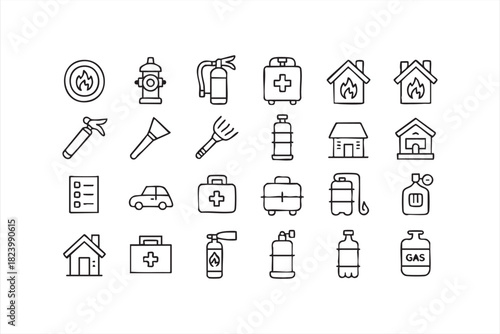 Emergency fire and safety icon set for disaster preparedness design