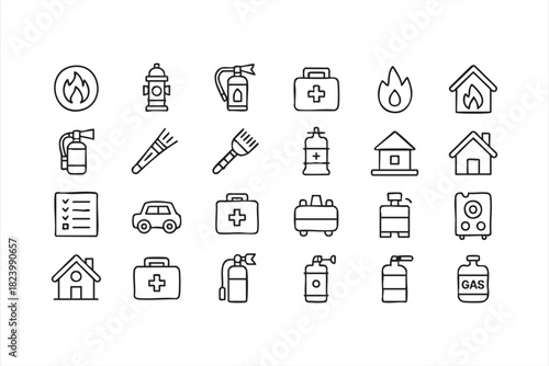 Emergency equipment icons featuring extinguishers and hydrants