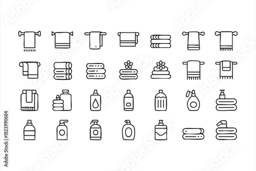 Minimal bathroom towel and toiletry icon set for home and spa design