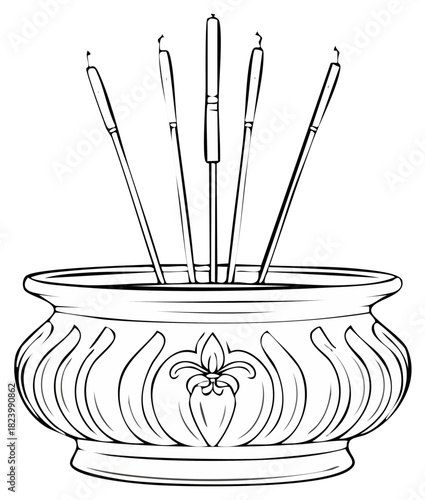 black and white incense sticks in decorative bowl clip art preview