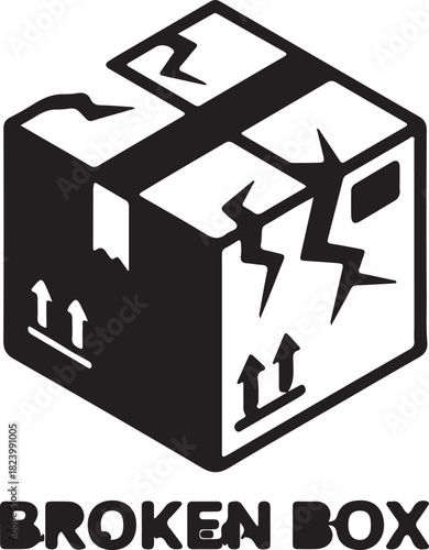 Cracked Cardboard Box with Fragile Shipping Symbols and Text Keywords: box, package, shipping, delivery, broken, damaged, cracked, fragile, handle with care, arrow, up