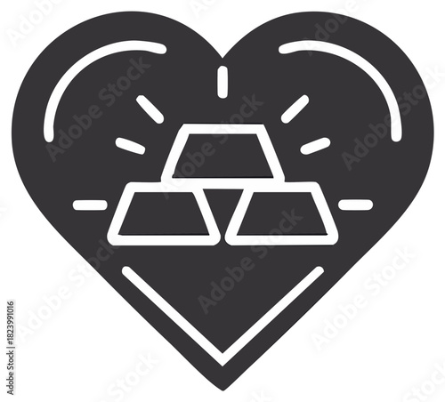 Golden bars inside a heart form symbol for love of wealth and money