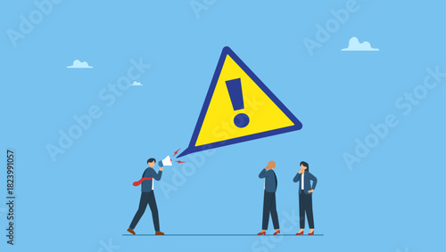 Businessman shouting on megaphone with exclamation sign. Shouting warning message, caution or alert attention, safety or danger announcement, risk or important information, beware or careful sign.