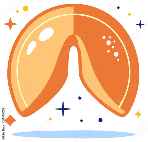 Shiny golden fortune cookie illustration with sparkling stars representing luck and prediction