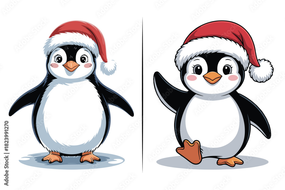 Fototapeta premium Penguin Christmas Animals Vector Clipart, Watercolor Christmas Clipart Set | Cozy Holiday Elements, Santa, Gifts, Snowflakes, Winter Decorations | Festive PNG Bundle for Cards & Crafts
