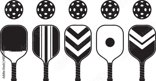 Five pickleball paddles and five pickleballs in black and white graphic illustration sport sports