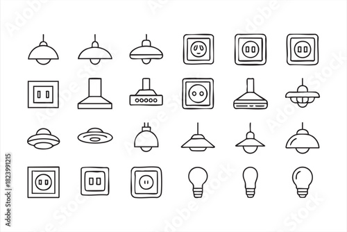 Line art bulb and switch symbols for home lighting concepts