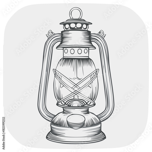 Vintage Kerosene Lamp Detailed Line Art Illustration Old Fashioned Oil Lantern Outline Drawing