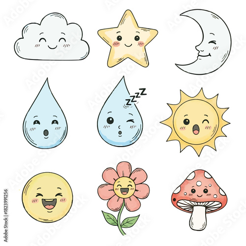 Hand-Drawn Collection of Smiling Cloud, Star, Moon, and Ghost