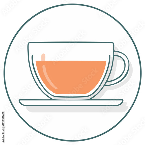 Modern graphic illustration of a minimalist teacup with warm orange liquid on a saucer in a circular frame