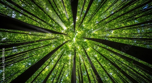 Looking upward through dense green forest canopy with sunlight