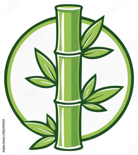 Green Bamboo Stalk with Leaves Inside a Circle