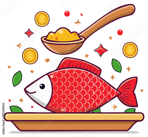 Whimsical Red Fish Dish with Spoonful of Yellow Seasoning and Golden Coins