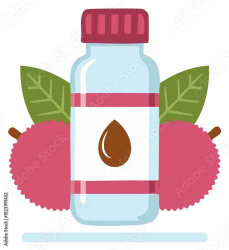 Bottle of Fruit Extract Surrounded by Lychees and Leaves for Beauty Products or a Tropical Beverage