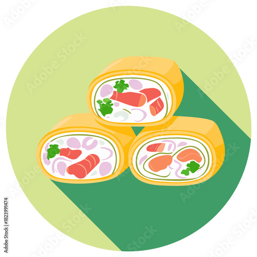 Vibrant flat design illustration of stacked spring rolls with fish, lettuce and onion
