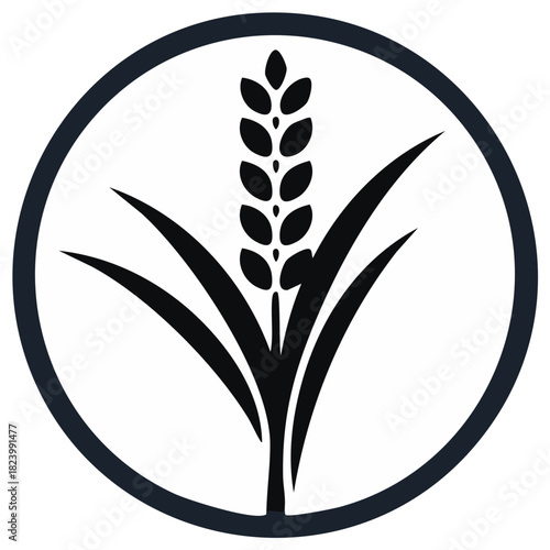 Stylized black wheat stalk with leaves inside a dark circle emblem