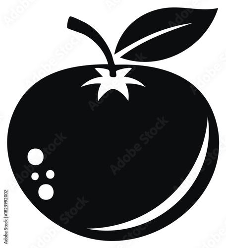 Stylized black silhouette of a fresh tomato with stem and leaf, graphic icon