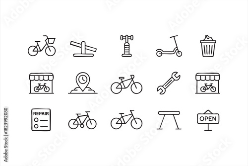Line art bike tools, checklist and shop icons for repair service design