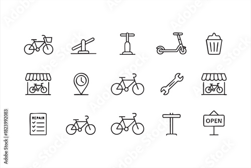 Urban transport icon pack featuring bikes, scooters and location pin