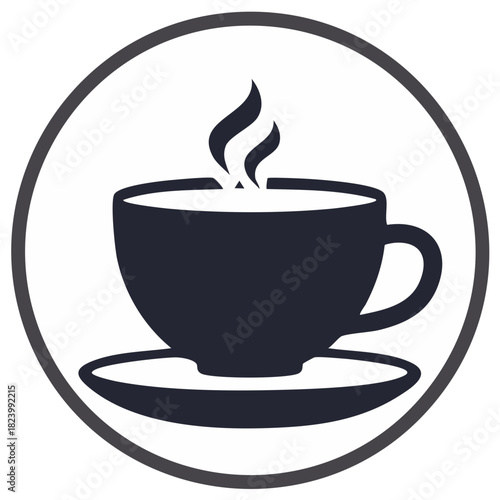 Steaming coffee cup and saucer icon illustration in a circular frame minimalist design