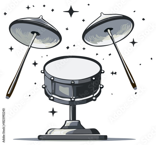 Dynamic cartoon illustration of a snare drum and cymbals with drumsticks and sparkling stars