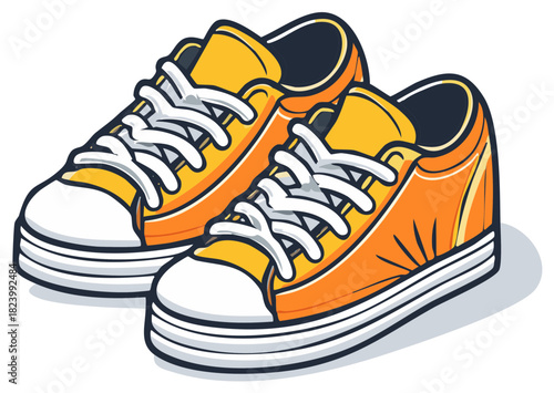 Bright orange canvas sneakers with white laces and soles, illustrated with thick black outlines