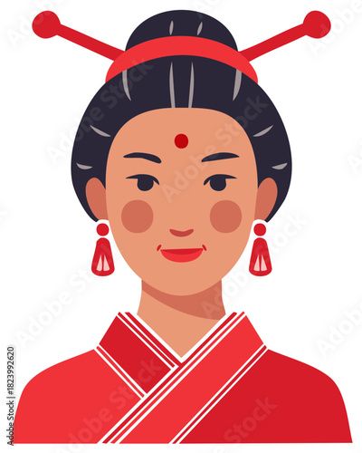 Elegant Asian woman in traditional red attire with ornate updo and hairpins vector illustration
