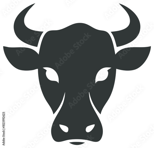 Stylized dark silhouette of a horned bull or cow head. Modern flat vector graphic design element for livestock and farm concepts.