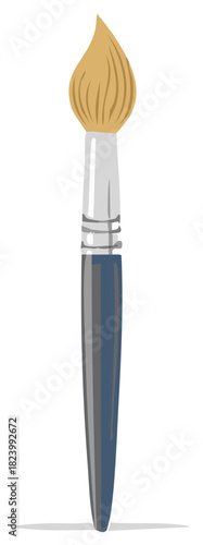 Isolated single paint brush tool with tan bristles, blue handle, and silver ferrule